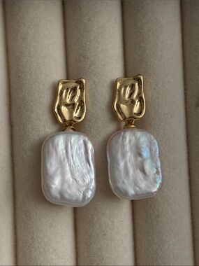 Gold-Tone Earrings with White Baroque Pearl Drops